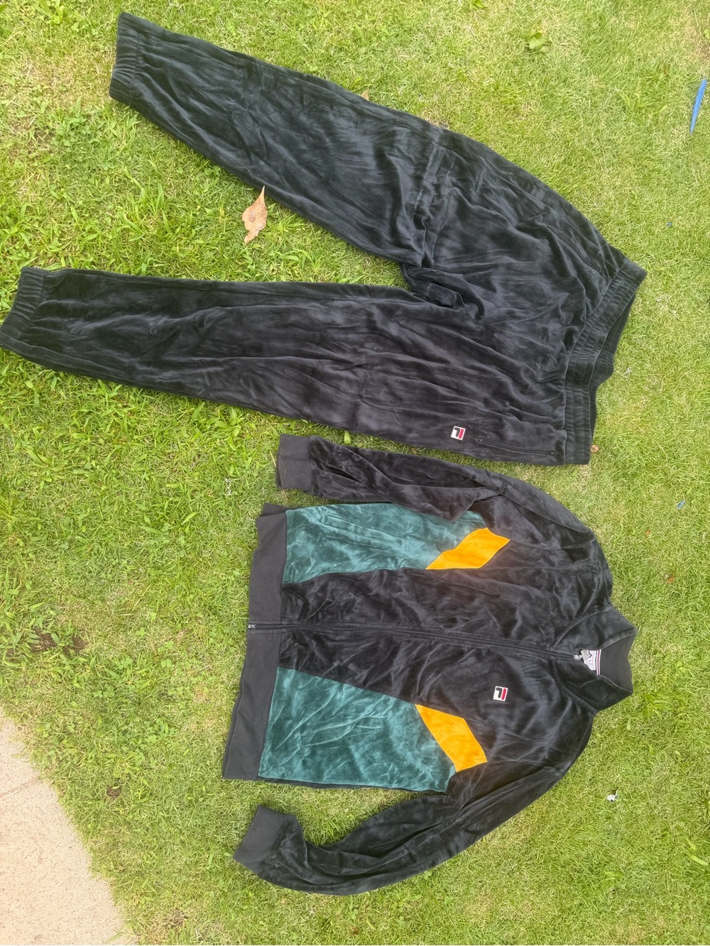 Fila Men’s Black Velour Track Jacket & Jogger Pants with Green and Orange Panels